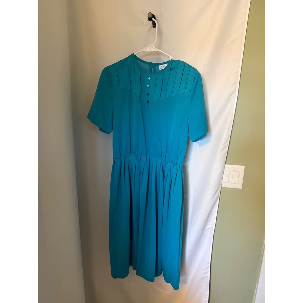Blair Boutique Vintage Teal Blue Pleated Yoke Elastic Waist Midi Dress Womens